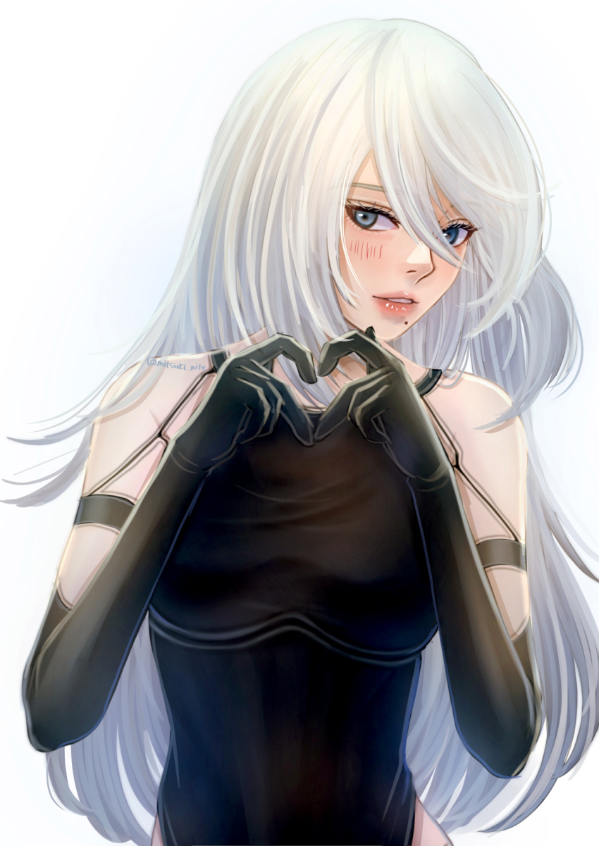 1girl android bare_shoulders black_gloves blue_eyes blush breasts elbow_gloves gloves heart heart_hands highres joints long_hair looking_at_viewer medium_breasts mitsuki_nite mole mole_under_mouth nier_(series) nier_automata robot_joints solo white_hair yorha_type_a_no._2