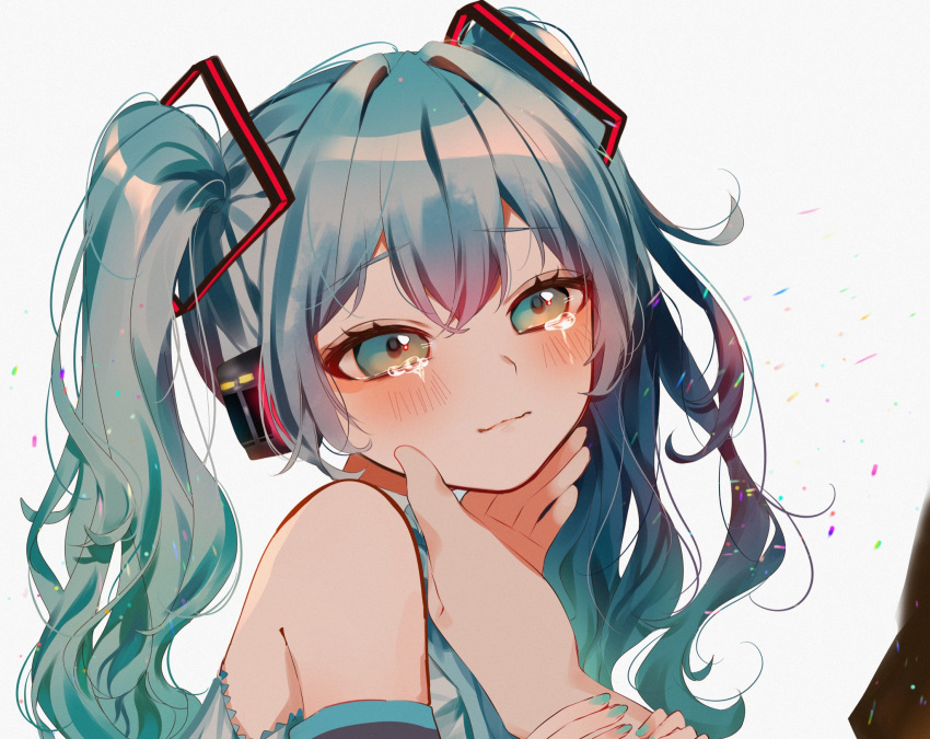 1girl 1other aqua_hair aqua_nails bangs bare_shoulders closed_mouth commentary_request hair_ornament hand_on_another's_chin hatsune_miku highres holding_another's_arm long_hair nail_polish out_of_frame shirt simple_background sleeveless sleeveless_shirt smile solo_focus tearing_up twintails vocaloid vptku white_background
