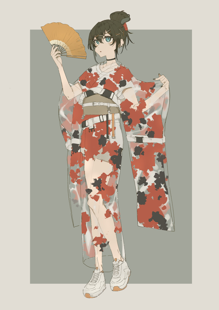 1girl 3pel1 absurdres belt blue_eyes choker earrings hair_bun hair_ornament hairclip hand_fan hand_up highres holding holding_fan japanese_clothes jewelry kimono koi looking_at_viewer original see-through shoes simple_background sneakers solo white_footwear