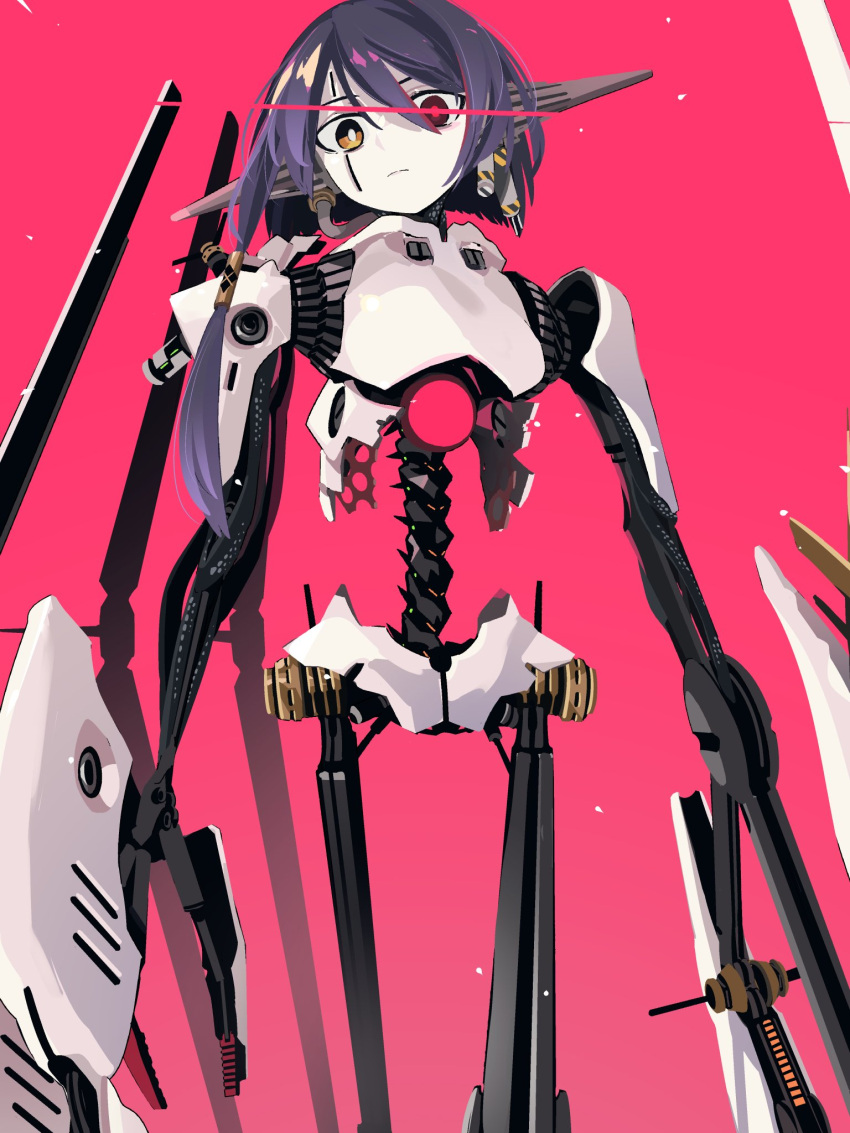 1girl android asymmetrical_hair colored_skin commentary_request glowing glowing_eyes heterochromia highres humanoid_robot joints kuroi_moyamoya long_arms looking_at_viewer olympia orange_eyes oversized_forearms oversized_limbs pink_background purple_hair red_eyes robot_joints sekaiju_no_meikyuu sekaiju_no_meikyuu_3 solo spine white_skin