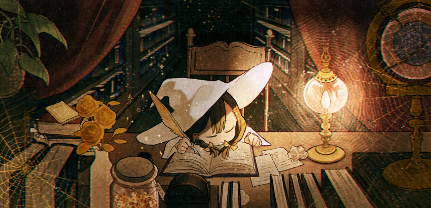 1girl bangs book book_stack bookshelf bow braid brown_hair closed_eyes cookie curtains desk_lamp drooling flower food fruit hair_bow hat head_on_table highres hinata_(echoloveloli) indoors jar lamp library long_hair open_book orb original paper rose silk sleeping solo sparkle spider_web treasure_chest twin_braids twintails vase white_headwear witch witch_hat yellow_flower yellow_rose