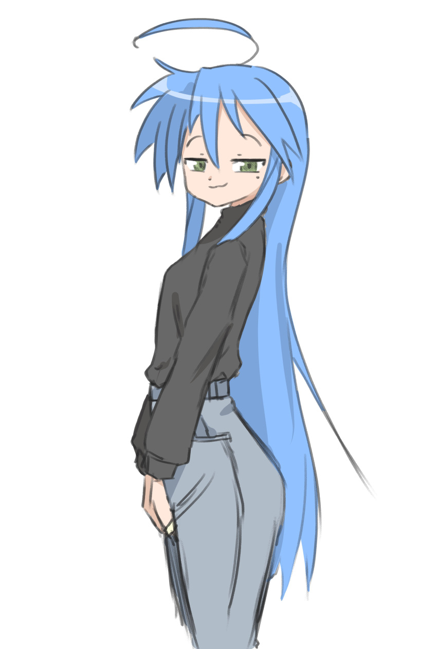 1girl absurdres aged_up ahoge ass blue_hair commentary flat_chest from_side green_eyes half-closed_eyes highres izumi_konata long_hair looking_at_viewer lucky_star pants simple_background smirk standing sweater very_long_hair white_background zlix0n