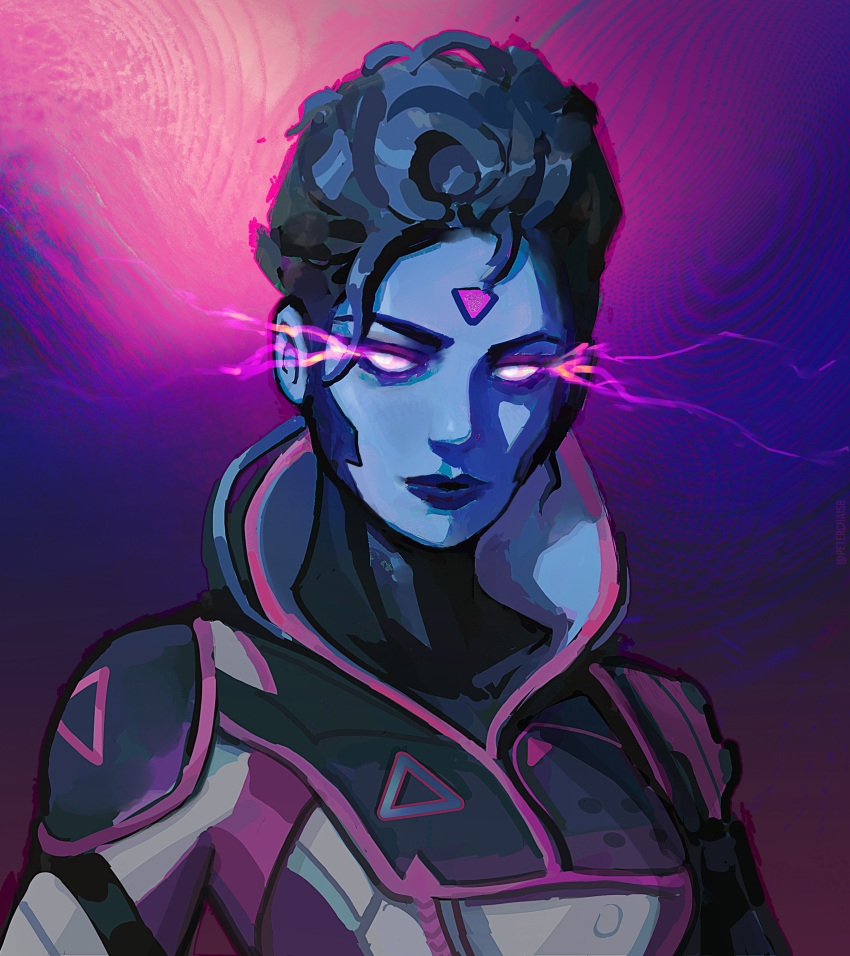 1girl absurdres apex_legends black_bodysuit blue_hair blue_skin bodysuit colored_skin english_commentary eye_trail glowing glowing_eyes hair_behind_ear highres jacket light_trail looking_to_the_side neon_spectre_wraith official_alternate_costume peter_chai portrait purple_background solo updo violet_eyes white_jacket wraith_(apex_legends)