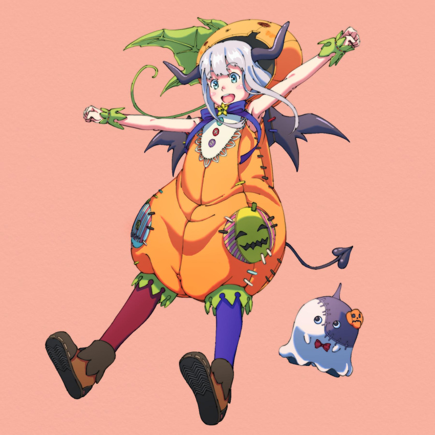 1girl armpits blue_eyes blush_stickers fake_horns fake_wings full_body green_eyes grey_hair halloween hat highres horns kaien_advance long_hair looking_at_viewer open_mouth relia_(star_ocean) simple_background smile solo star_ocean star_ocean_anamnesis star_ocean_integrity_and_faithlessness wings