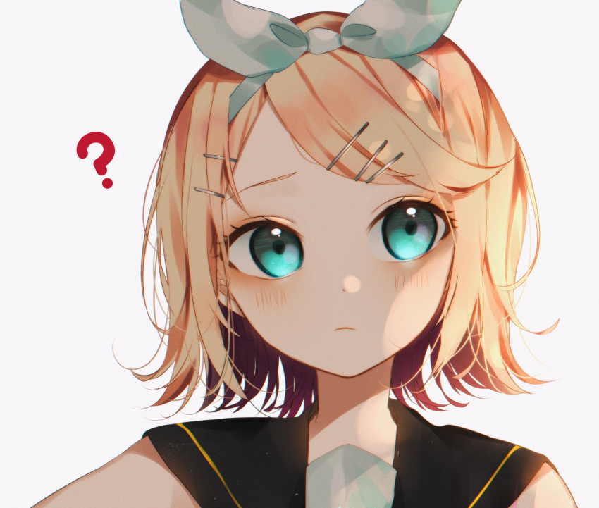 1girl ? aqua_eyes bangs black_shirt blonde_hair bow bow_hairband closed_mouth commentary hair_bow hair_ornament hairband hairclip highres kagamine_rin looking_at_viewer portrait shirt short_hair simple_background sleeveless sleeveless_shirt solo swept_bangs vocaloid vptku white_background white_bow white_hairband