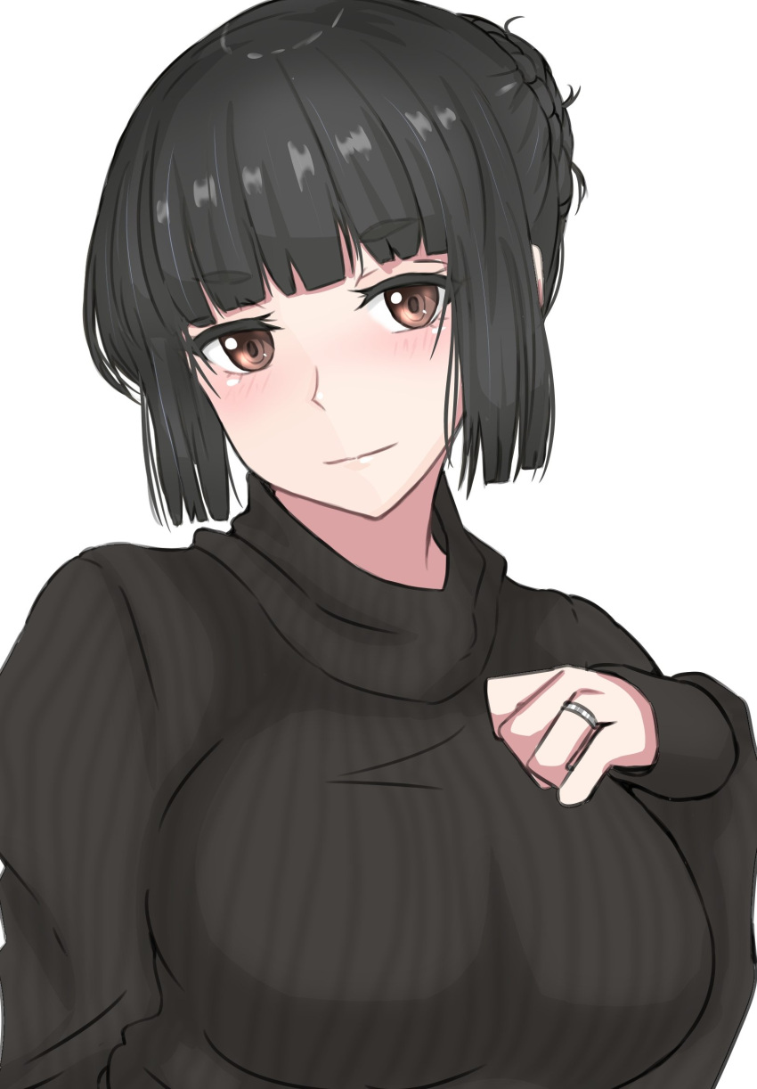 1girl bangs black_hair black_sweater blunt_bangs breasts brown_eyes closed_mouth commentary_request hair_bun hand_up highres jewelry ken_(shutenndouji1) large_breasts light_smile long_sleeves looking_at_viewer original ribbed_sweater ring short_eyebrows simple_background sleeves_past_wrists solo sweater thick_eyebrows turtleneck turtleneck_sweater wedding_ring white_background