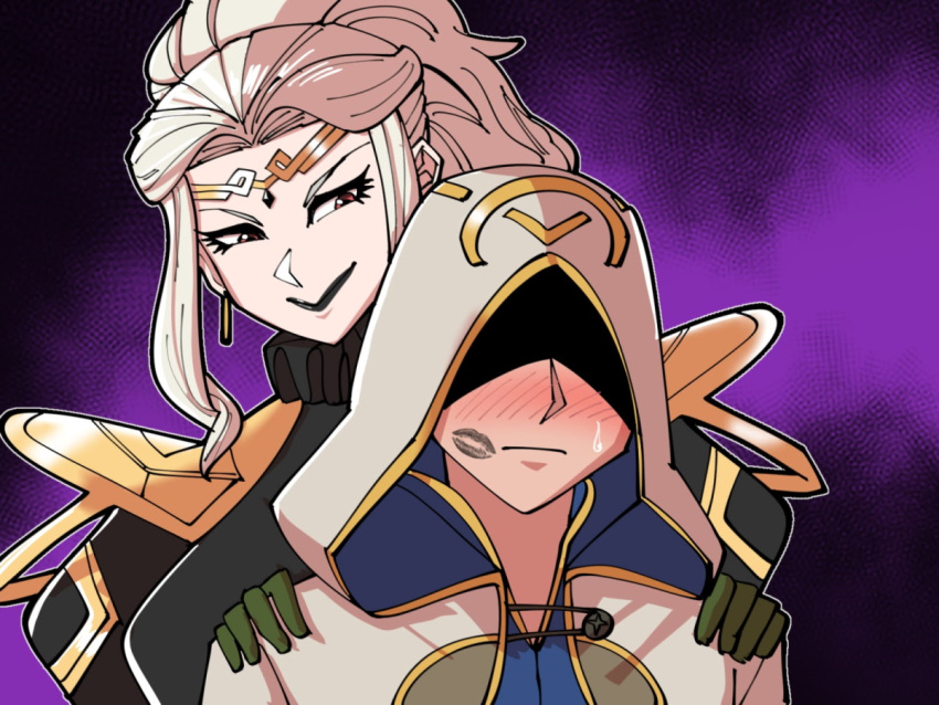 1boy 1girl blush circlet clothes_pin commission commissioner_upload eyeshadow fire_emblem fire_emblem_heroes gold_trim hands_on_another's_shoulder high_ponytail hood hooded_coat kiran_(fire_emblem)_(male) letizia_(fire_emblem) lipstick lipstick_mark looking_at_another makeup mnejing30 nervous no_eyes ponytail sidelocks smile sweatdrop white_hair