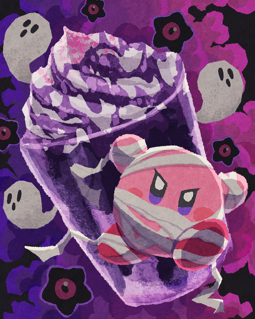 bandages cup food ghost gradient gradient_background highres ice_cream kirby kirby_(series) looking_at_viewer miclot mummy_costume no_humans purple_background sprinkles star_(symbol) sundae whipped_cream