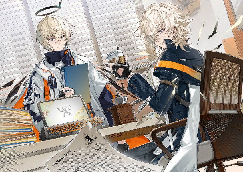 2boys absurdres arknights black_gloves black_jacket black_pants blinds blonde_hair blue_eyes chair closed_mouth coffee_grinder commentary cup desk detached_wings disposable_cup enforcer_(arknights) executor_(arknights) file fingerless_gloves frown gloves hair_between_eyes hair_over_one_eye halo highres holding holding_cup id_card jacket long_sleeves looking_at_object looking_at_viewer male_focus mechanical_halo multiple_boys on_chair one_eye_covered pants paper parted_lips shidare_(youh4016) short_hair sitting smile typewriter v-shaped_eyebrows violet_eyes white_jacket wings
