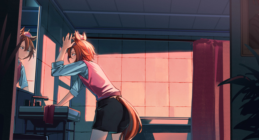 1girl absurdres animal_ears bangs bathtub black_shorts cowboy_shot crown faucet fuyukayui hand_up highres horse_ears horse_girl horse_tail indoors leaning_forward long_sleeves mirror orange_hair pink_vest reflection shirt short_hair shorts shower_curtain sink solo standing t.m._opera_o_(umamusume) tail umamusume vest white_shirt