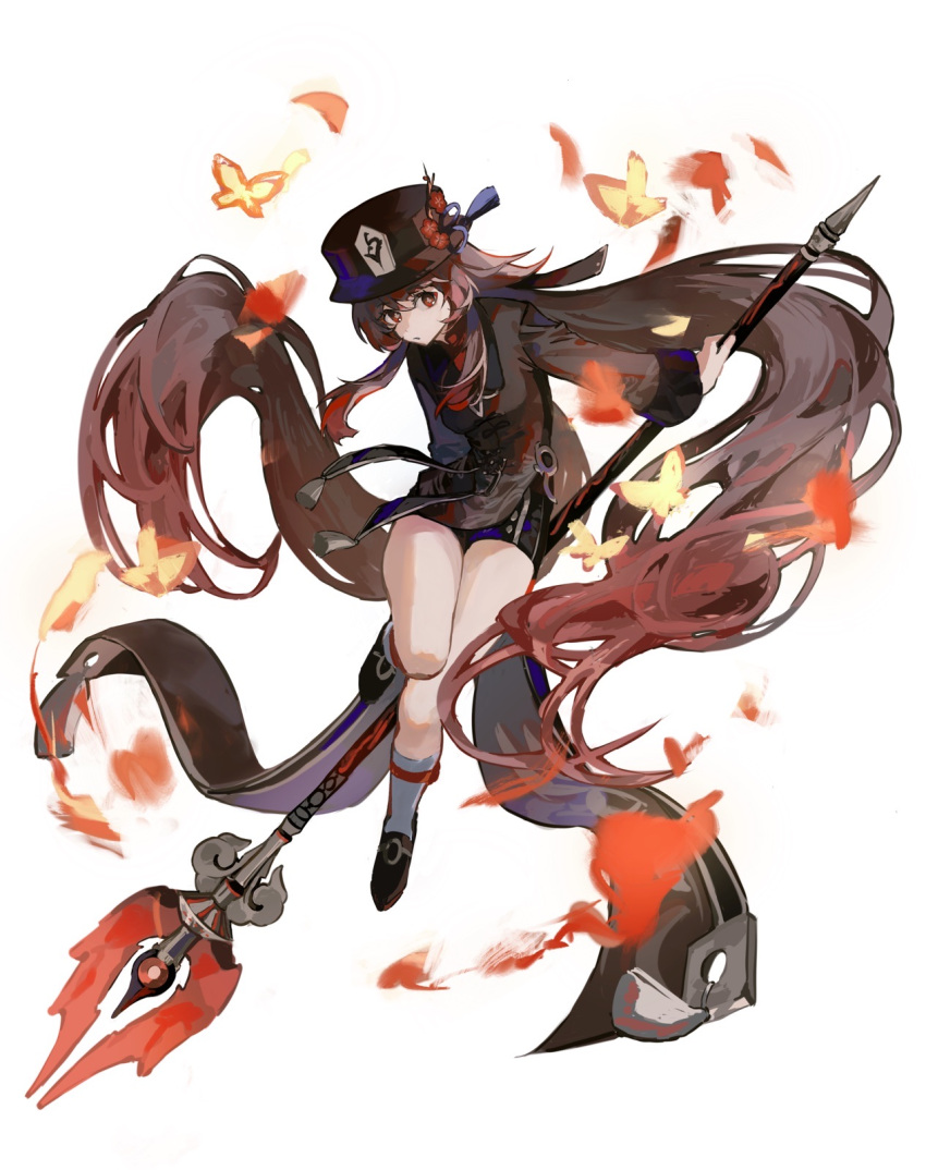 1girl absurdly_long_hair aco_gbfg bangs black_footwear black_shorts brown_coat brown_hair bug butterfly closed_mouth coat coattails commentary_request flower full_body genshin_impact gradient_hair hat hat_flower highres hu_tao_(genshin_impact) long_hair long_sleeves looking_at_viewer multicolored_hair plum_blossoms porkpie_hat red_eyes redhead shoes shorts simple_background socks solo staff_of_homa_(genshin_impact) tailcoat tassel twintails very_long_hair weapon_behind_back white_background white_socks yellow_butterfly