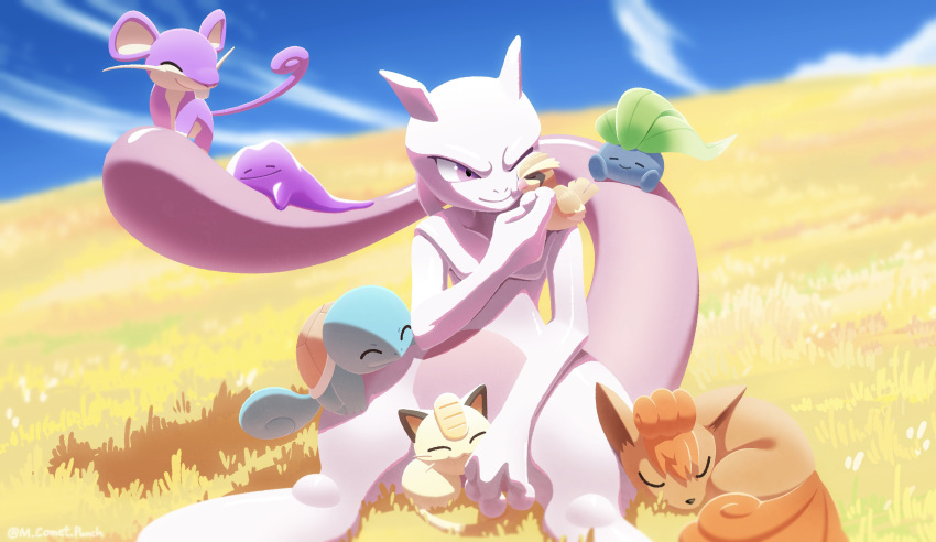 absurdres bird closed_mouth commentary_request day ditto highres komepan meowth mewtwo no_humans oddish one_eye_closed outdoors pidgey pokemon pokemon_(creature) rattata sitting sky smile squirtle violet_eyes vulpix