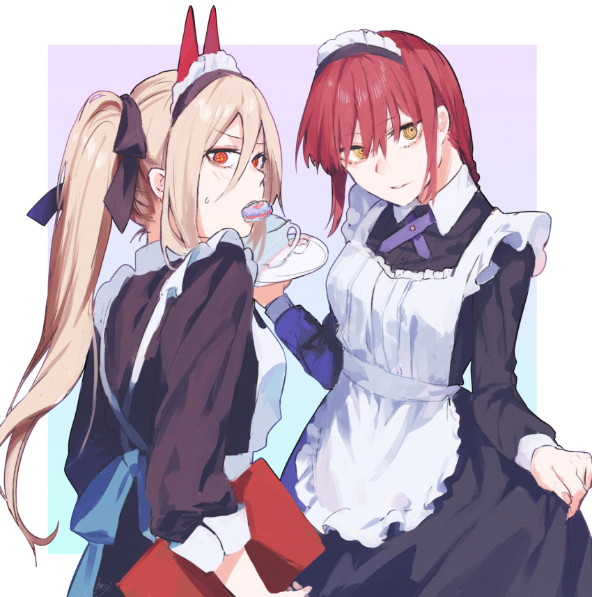 2girls alternate_costume apron bangs black_dress blonde_hair blush braid braided_ponytail brown_hair chainsaw_man clothes_lift crosshair_pupils demon_girl demon_horns dress dress_lift food food_in_mouth hair_ribbon highres holding holding_clothes holding_plate holding_skirt horns light_smile long_hair long_sleeves looking_at_viewer maid maid_apron maid_headdress makima_(chainsaw_man) moegi0926 mouth_hold multiple_girls plate power_(chainsaw_man) red_horns ribbon ringed_eyes skirt smile sweat teapot very_long_hair yellow_eyes