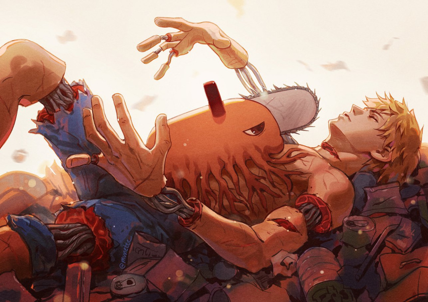 1boy blonde_hair can chainsaw chainsaw_man death decapitation denji_(chainsaw_man) injury looking_at_another munette mutilation pochita_(chainsaw_man) sad scar scar_on_hand scar_on_leg short_hair simple_background slit_throat soda_can trash twitter_username white_background wire