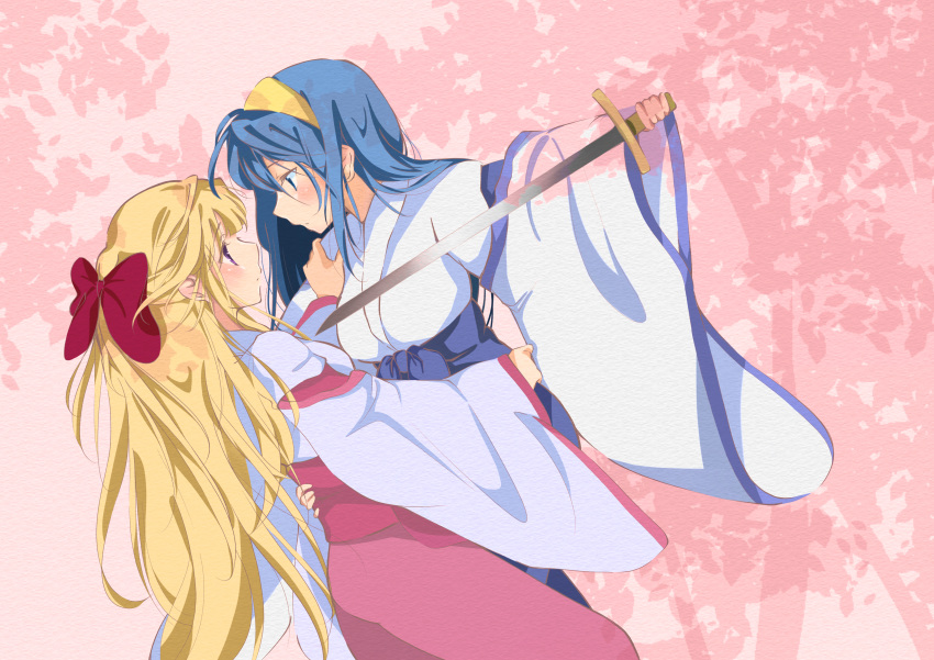 2girls absurdres artist_request blonde_hair blue_eyes blue_hair bow commentary_request floral_background hair_bow hairband highres himemiya_chikane holding holding_sword holding_weapon japanese_clothes kannazuki_no_miko kurusugawa_himeko long_hair miko multiple_girls red_bow sword violet_eyes weapon yellow_hairband yuri