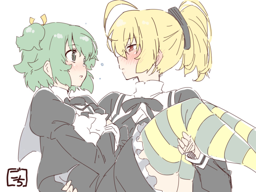 2girls ahoge andou_tazusa animal animal_hug artist_name assault_lily bangs black_ribbon black_skirt blonde_hair blush carrying carrying_person cat closed_mouth commentary_request cropped_jacket ear_blush eye_contact frilled_skirt frills gochisousama_(tanin050) green_eyes green_hair green_thighhighs hair_between_eyes hair_ribbon hands_up high-waist_skirt holding holding_animal holding_cat juliet_sleeves long_sleeves looking_at_another miniskirt multicolored_thighhighs multiple_girls neck_ribbon parted_lips ponytail princess_carry profile puffy_sleeves red_eyes ribbon school_uniform shirt short_hair simple_background sketch skirt striped striped_thighhighs thigh-highs two_side_up upper_body white_background white_cat white_shirt yellow_ribbon yellow_thighhighs yoshimura_thi_mai yuri yurigaoka_girls_academy_school_uniform