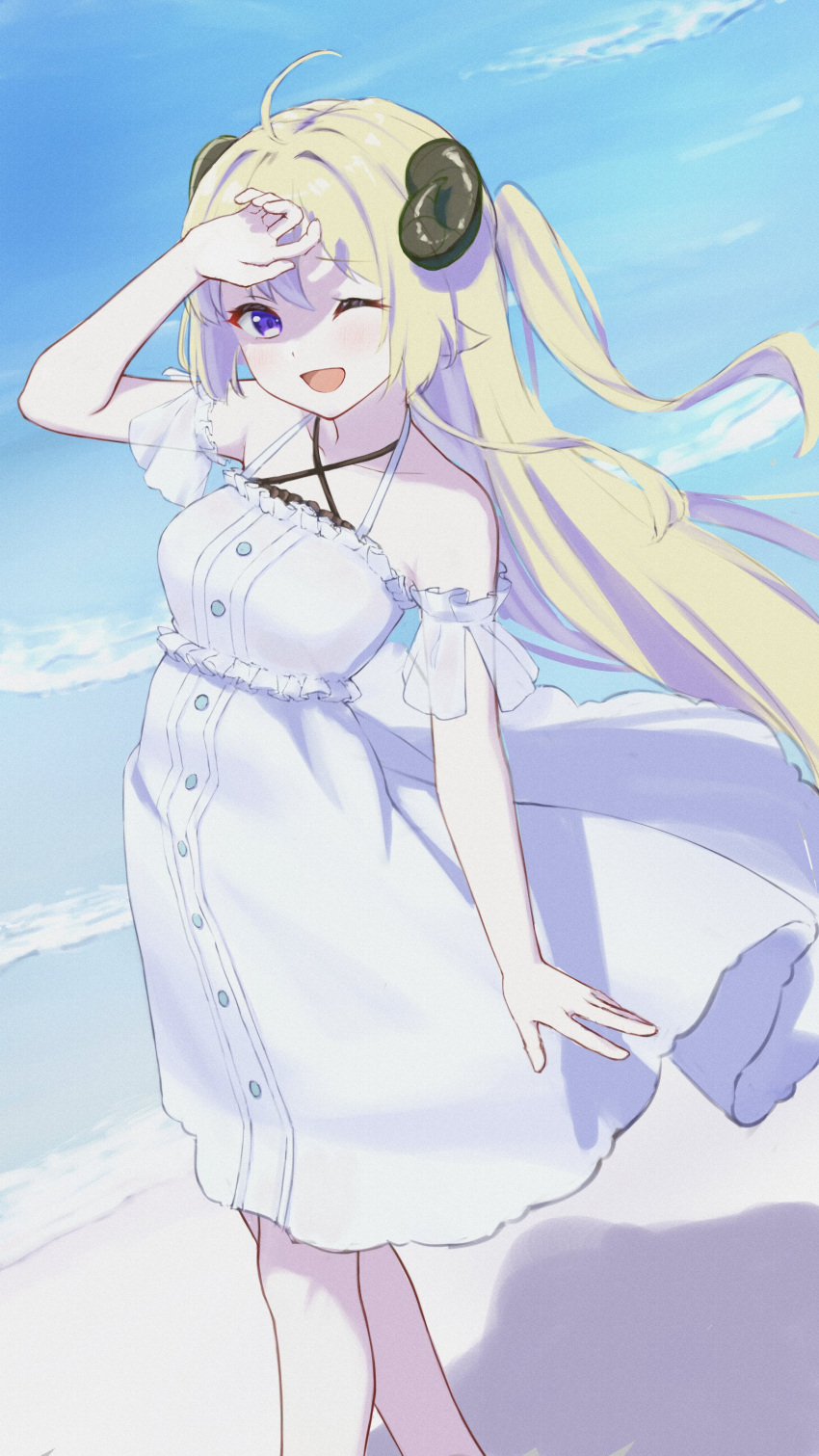 1girl ;d absurdres ahoge alternate_costume alternate_hairstyle animal_ears bare_shoulders beach blonde_hair breasts criss-cross_halter dress feeilll feet_out_of_frame from_above halter_dress halterneck highres hololive horns light_blush long_hair looking_at_viewer medium_breasts ocean one_eye_closed see-through see-through_sleeves shading_eyes sheep_ears sheep_girl sheep_horns short_sleeves smile solo sundress tsunomaki_watame two_side_up very_long_hair violet_eyes virtual_youtuber