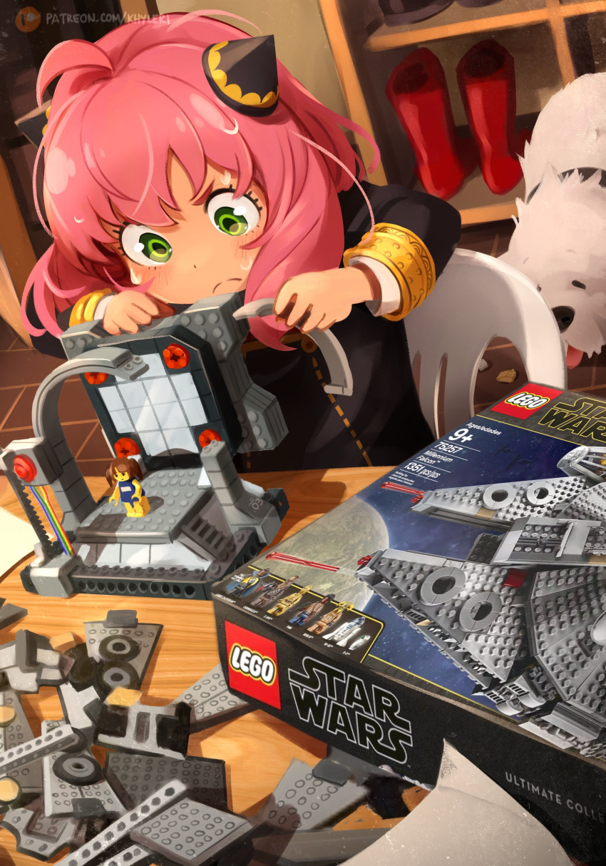 1girl absurdres anya_(spy_x_family) black_dress bond_(spy_x_family) chair child commentary copyright_request dog dress eden_academy_uniform english_commentary female_child frown fukouna_shoujo_03 great_pyrenees green_eyes hairpods highres khyle. lego logo millenium_falcon pink_hair red_footwear school_uniform solo spy_x_family star_wars the_lego_group white_dog