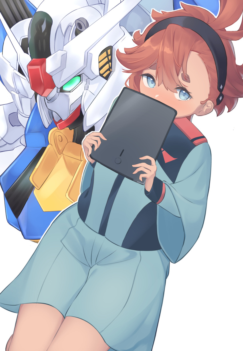 1girl bangs black_hairband blue_eyes blue_shirt blue_shorts brown_hair commentary_request covered_mouth gundam gundam_aerial gundam_suisei_no_majo hair_between_eyes hairband highres holding long_sleeves looking_at_viewer roido_(taniko-t-1218) shirt short_eyebrows short_shorts shorts simple_background solo_focus suletta_mercury tablet_pc thick_eyebrows white_background wide_sleeves