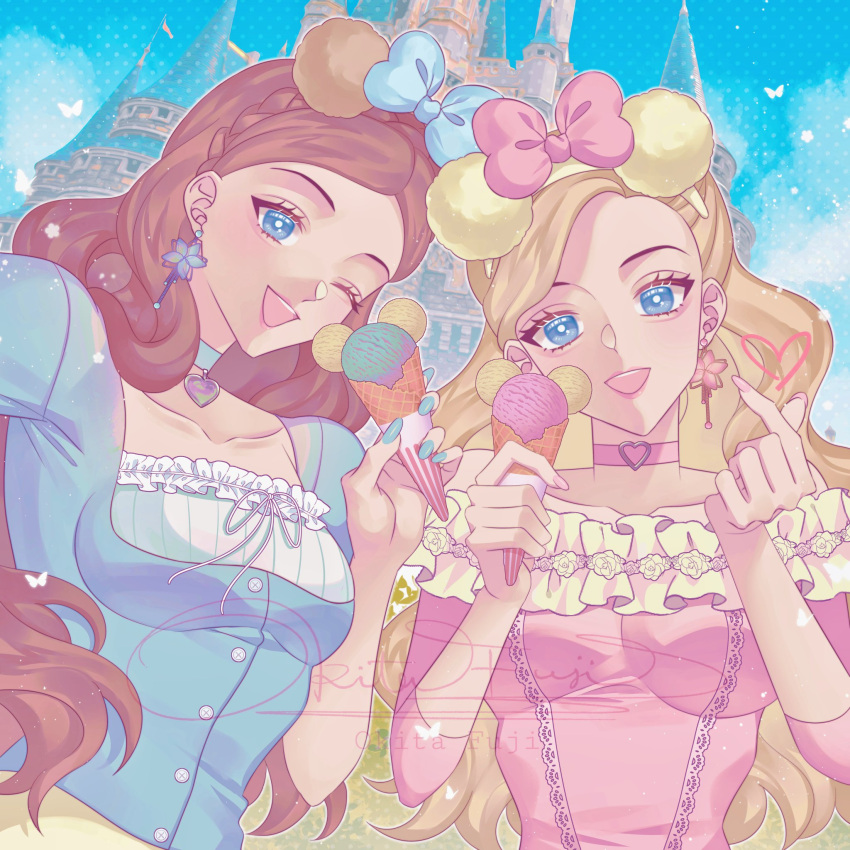 2girls animal_ears anneliese_(barbie) barbie_(character) barbie_(franchise) barbie_as_the_princess_and_the_pauper barbie_movies blonde_hair blue_eyes blue_skirt bow breasts castle choker contemporary curly_hair disney disneyland dress earrings erika_(barbie) fake_animal_ears food friends frills hair_bow heart heart_necklace highres ice_cream jewelry large_breasts long_hair mickey_mouse_ears mouse_ears multiple_girls necklace okitafuji one_eye_closed pink_dress princess skirt square_neckline tokyo