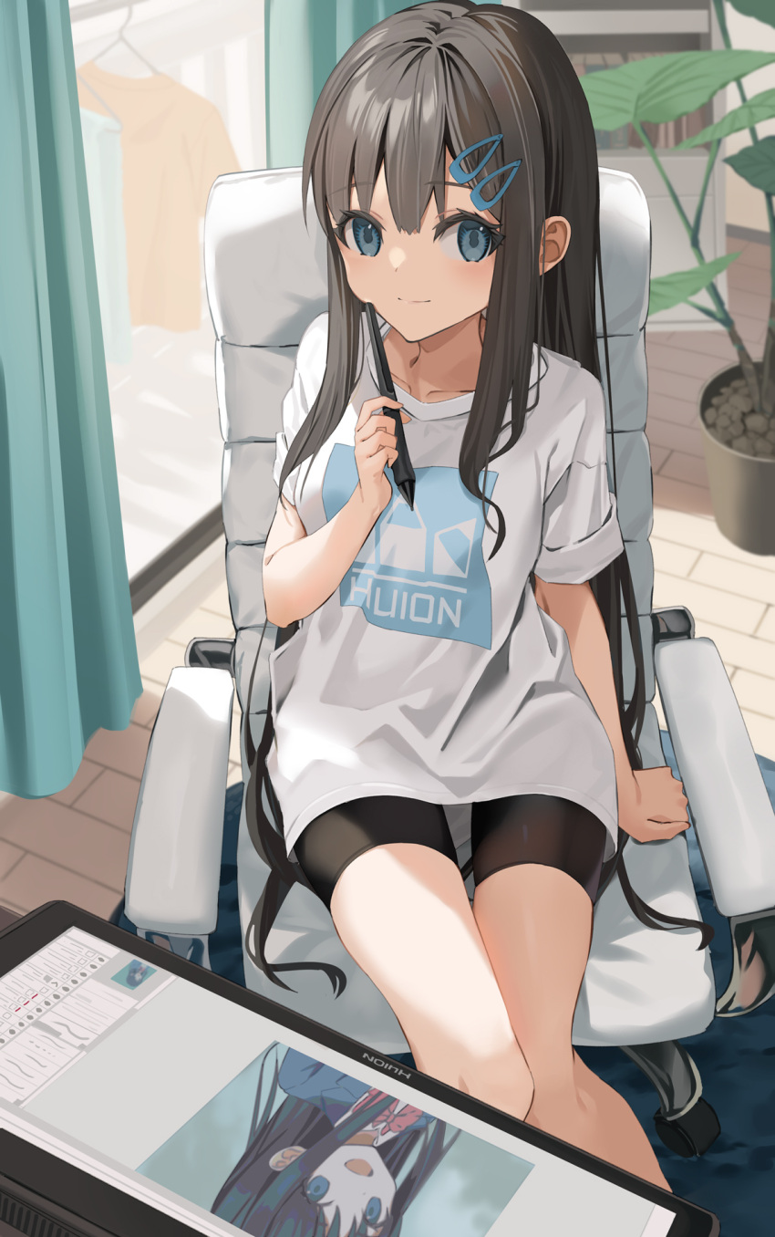 1girl bike_shorts black_hair blue_eyes chair closed_mouth curtains hair_ornament hairclip highres holding holding_stylus leaf long_hair looking_at_viewer motto_(night_wear) open_mouth original plant potted_plant sitting sleeves_rolled_up smile stylus window