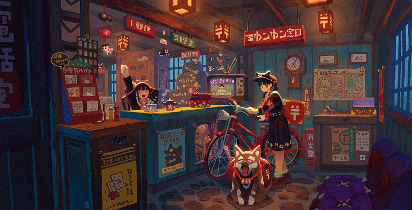 2girls analog_clock arm_up armband bangs belt bicycle black_hair blunt_bangs bow brown_eyes clock closed_eyes couch counter crt dog ground_vehicle hair_bow hat highres indoors japanese_clothes lantern long_hair long_sleeves map_(object) multiple_girls open_mouth original paper_lantern paw_print paw_print_pattern peaked_cap pendulum_clock post_office poster_(object) red_armband red_bow shoes sidelocks sitting skirt smile standing stretching television usagino_suzu walking_bike wall_clock window yawning