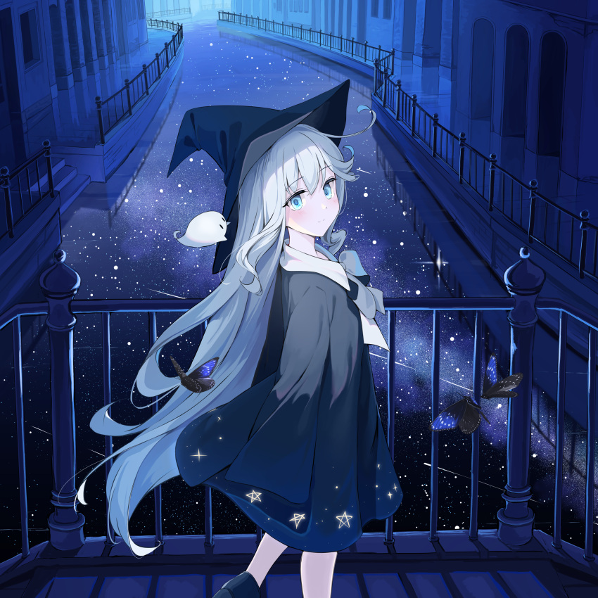1girl absurdres ankle_boots bangs black_cloak black_footwear black_headwear blue_eyes blush boots bridge bug building butterfly cloak commentary_request cowboy_shot from_side galaxy ghost grey_hair hat highres light_smile long_hair looking_back mikisai night original outdoors purple_butterfly railing sidelocks sky solo star_(sky) star_(symbol) star_print starry_sky very_long_hair witch witch_hat