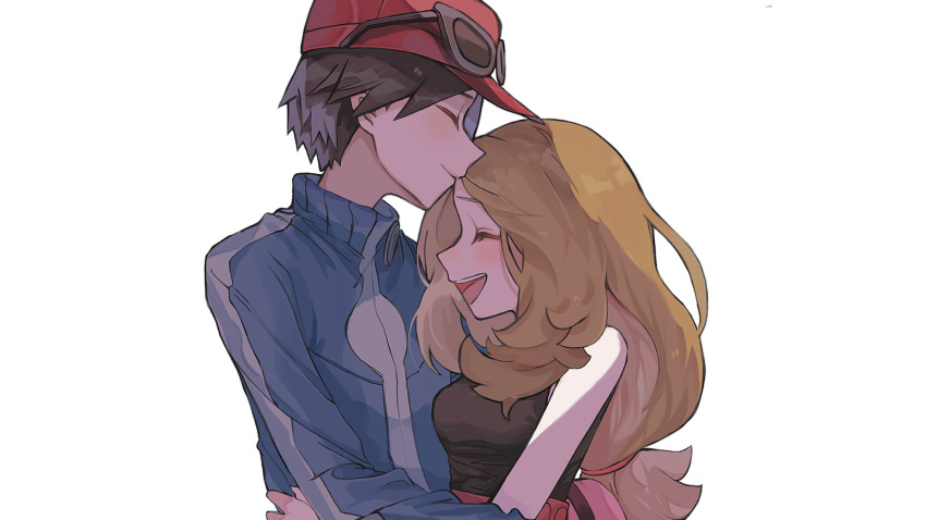 1boy 1girl :d blue_jacket brown_hair calem_(pokemon) closed_eyes closed_mouth eyewear_on_headwear hat highres jacket long_hair open_mouth pokemon pokemon_(game) pokemon_xy red_headwear serena_(pokemon) shirt short_hair simple_background sleeveless sleeveless_shirt smile sunglasses teeth tongue tyou08665851 upper_body upper_teeth white_background