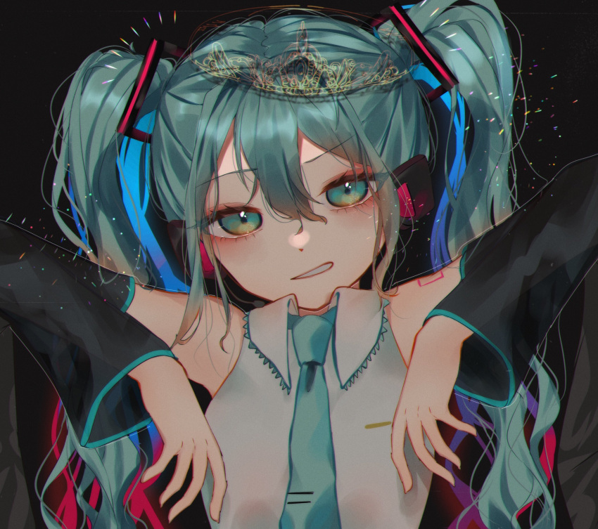 1girl arms_up bangs black_background black_sleeves collared_shirt commentary_request detached_sleeves green_eyes green_hair green_necktie grey_shirt hair_between_eyes hair_ornament hatsune_miku headset highres long_hair looking_at_viewer miku_day necktie parted_lips shirt simple_background sleeveless sleeveless_shirt smirk solo tiara tie_clip twintails upper_body vocaloid vptku