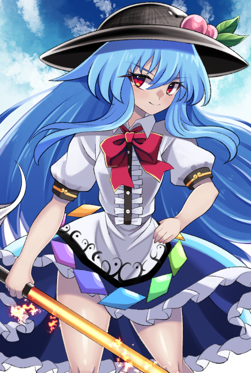 1girl absurdres bangs black_headwear blue_hair blue_skirt blue_sky bow bowtie center_frills closed_mouth clouds doku_yanagi food frills fruit highres hinanawi_tenshi holding holding_sword holding_weapon leaf long_hair looking_at_viewer outdoors peach rainbow_order red_bow red_bowtie red_eyes short_sleeves skirt sky smile solo sword sword_of_hisou touhou weapon