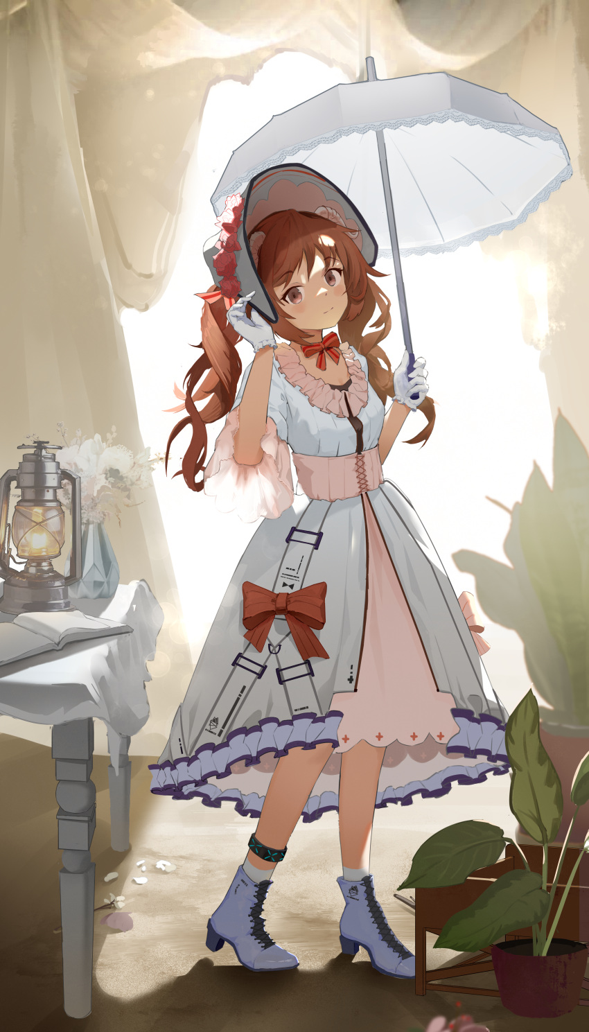 1girl absurdres ambience_synesthesia arknights blue_footwear blush bohe_midiexiang bonnet boots brown_eyes brown_hair closed_mouth commentary_request dress eyjafjalla_(arknights) flower frilled_dress frills hands_up high_heel_boots high_heels highres holding holding_umbrella lace-trimmed_umbrella lace_trim lantern long_hair looking_at_viewer official_alternate_costume pink_flower pink_rose plant potted_plant rose solo twintails umbrella very_long_hair white_dress white_headwear white_umbrella