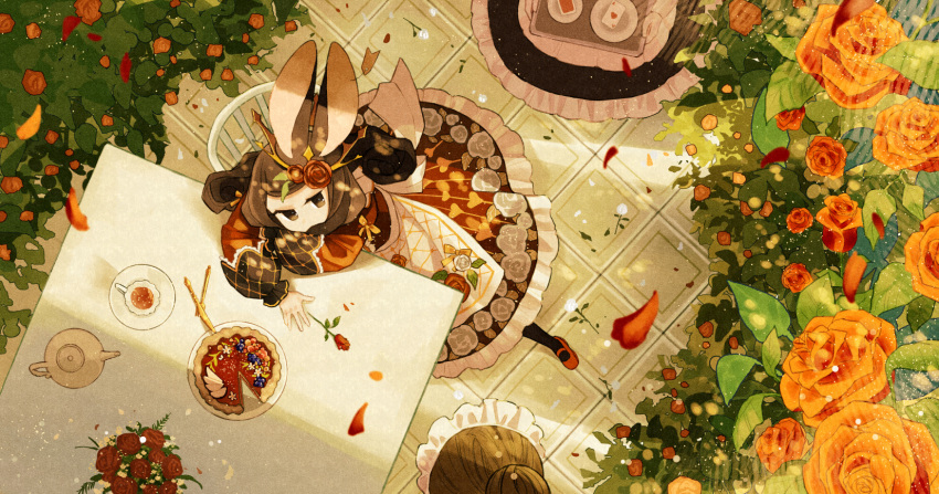 3girls ace_of_hearts alice_in_wonderland animal_ears apron arm_rest black_hair black_pantyhose bouquet brown_hair card chair collared_dress covered_mouth cup curly_hair day dress ear_tag flower food fork from_above hair_bun hair_flower hair_ornament head_rest heart highres hinata_(echoloveloli) knife long_sleeves looking_at_viewer looking_up maid mary_janes multiple_girls out_of_frame pantyhose petals pie playing_card queen_of_hearts_(alice_in_wonderland) rabbit_ears red_dress red_flower red_footwear red_rose rose rose_bush saucer shoes sidelocks single_hair_bun sitting table tea_set teacup teapot tiara tile_floor tiles waist_apron