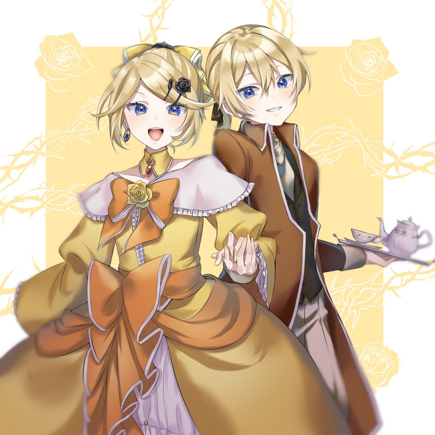 aku_no_meshitsukai_(vocaloid) aku_no_musume_(vocaloid) allen_avadonia ascot bangs blonde_hair blue_eyes bow brooch brother_and_sister brown_jacket butler choker cup dress dress_bow earrings evillious_nendaiki floral_background flower frilled_sleeves frills grin hair_between_eyes hair_bow hair_ornament hair_ribbon hairclip highres holding_hands interlocked_fingers jacket jewelry kagamine_len kagamine_rin open_mouth orange_bow pino_(user_wkpu2337) ribbon riliane_lucifen_d'autriche rose short_ponytail siblings smile swept_bangs tea_set teacup teapot thorns tray twins vocaloid wide_sleeves yellow_background yellow_bow yellow_choker yellow_dress yellow_flower yellow_rose