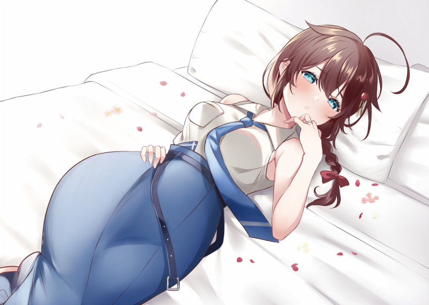 1girl ahoge bed blue_eyes blue_necktie blue_skirt braid breast_pocket brown_hair commentary_request dress_shirt feet_out_of_frame hair_flaps hair_ornament hair_over_shoulder highres kantai_collection looking_at_viewer mashiro_aa necktie official_alternate_costume petals pillow pocket shigure_(kancolle) shigure_kai_ni_(kancolle) shirt single_braid skirt sleeveless sleeveless_shirt solo white_shirt