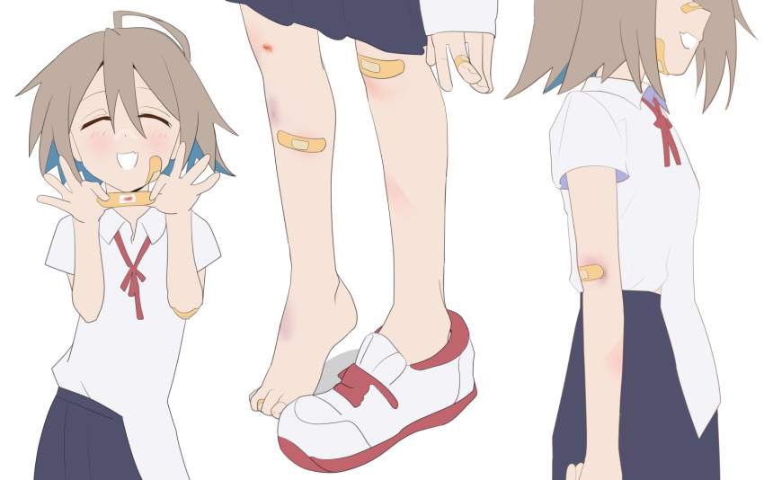 1girl ahoge bandaid bandaid_on_arm bandaid_on_cheek bandaid_on_face bandaid_on_foot bandaid_on_leg bandaid_on_nose brown_hair closed_eyes do_it_yourself!! fang feet looking_at_viewer multiple_views school_uniform shirt shoes short_hair simple_background single_shoe skin_fang smile source_request white_background yua_serufu