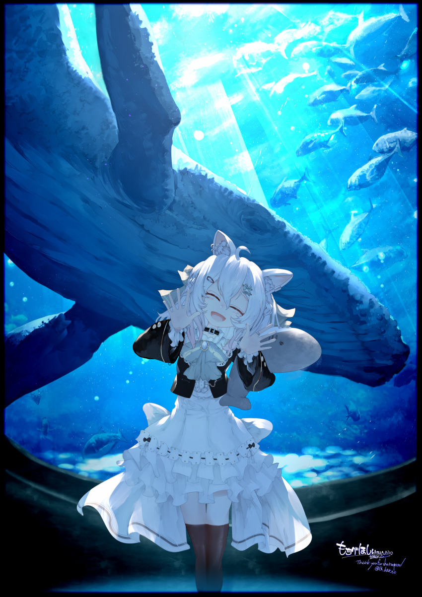 1girl :d ahoge animal_ear_fluff animal_ears aquarium back_bow black_border black_choker black_thighhighs black_vest blush border bow bowtie brooch buckle cat_ears choker closed_eyes commentary commission dress earrings facing_viewer feet_out_of_frame fish frilled_dress frills gradient_hair grey_bow grey_bowtie hair_between_eyes hair_ornament hairclip hands_up highres jewelry layered_sleeves light_rays long_sleeves medium_hair multicolored_hair open_mouth original pink_hair signature skeb_commission smile solo thigh-highs vest waving whale white_bow white_dress white_hair yoshioka_yoshiko