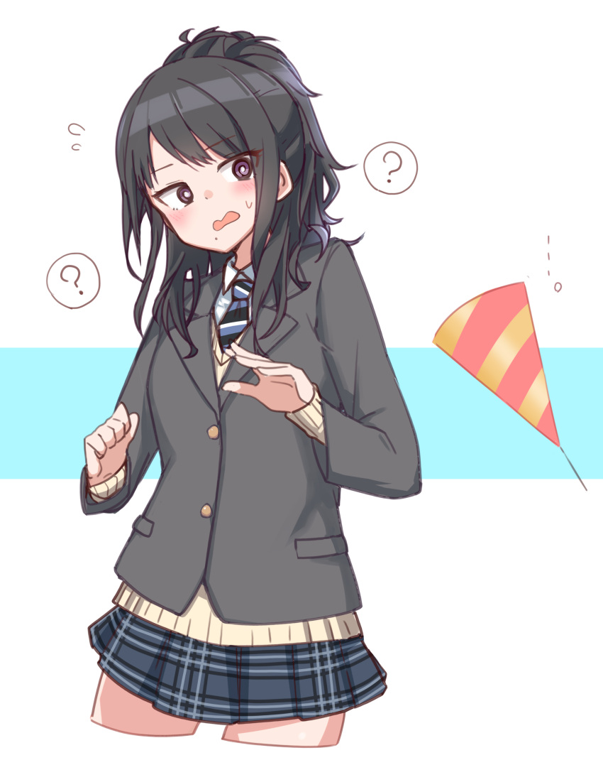 1girl ? @_@ absurdres azu_ankoowl black_hair black_jacket blazer blue_skirt blush collared_shirt cropped_legs flying_sweatdrops highres idolmaster idolmaster_shiny_colors jacket kazano_hiori long_hair long_sleeves miniskirt mole mole_under_eye necktie party_popper pony shirt sidelocks skirt solo spoken_question_mark sweatdrop sweater_vest violet_eyes