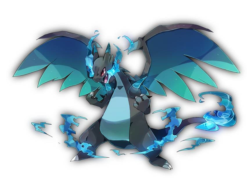 animal_focus blue_fire blue_wings breathing_fire charizard claws commentary_request dragon fangs fire full_body hands_up legs_apart mega_charizard_x mega_pokemon no_humans open_mouth partial_commentary pokemon pokemon_(creature) red_eyes shira_(sirairo116) solo standing transparent_background wings