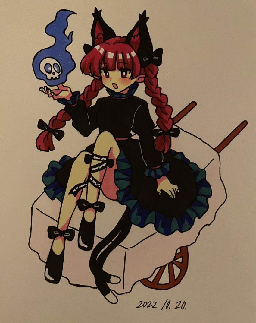 1girl :o animal_ears bangs blunt_bangs bow braid cat_ears cat_tail dated dress extra_ears furiba_794 highres kaenbyou_rin knee_up multiple_tails open_mouth red_eyes redhead sitting skull solo tail touhou twin_braids two_tails wheelbarrow