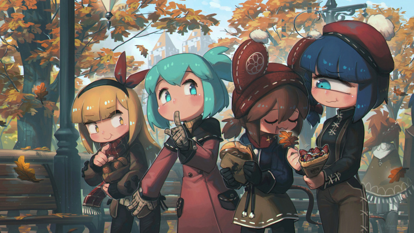 4girls :t absurdres ahoge aqua_eyes aqua_hair autumn bangs bench beret blonde_hair blue_hair blunt_bangs brown_hair capelet closed_eyes coat commentary crepe cyclops day eating english_commentary finger_to_mouth food gloves hat hat_with_ears highres lamppost leaf long_hair long_sleeves mouse_girl mouse_tail multiple_girls oak_leaf one-eyed open_mouth original outdoors pointing pom_pom_(clothes) porforever prank red_coat relica_(porforever) scarf short_hair shushing smile tail wavy_mouth yellow_eyes