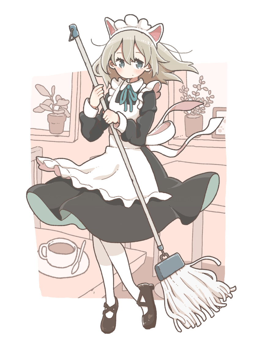 1girl animal_ears apron aqua_bow aqua_bowtie black_footwear blonde_hair blue_eyes blush bow bowtie broom clothes_lift cup east_sha2 fake_animal_ears floating_hair highres holding holding_broom indoors long_sleeves maid maid_apron maid_headdress mary_janes original pantyhose plant potted_plant shoes skirt skirt_lift solo teacup white_pantyhose wind wind_lift