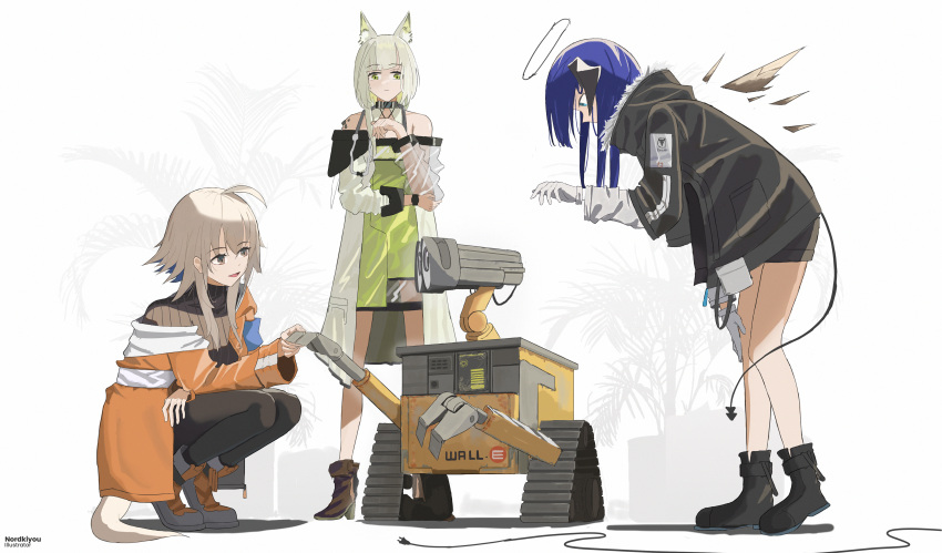 3girls absurdres ahoge animal_ear_fluff animal_ears ankle_boots arknights bangs bare_legs bare_shoulders black_coat black_pantyhose black_sweater blue_eyes blue_hair blunt_bangs boots brown_eyes brown_footwear cable cat_ears closed_mouth coat crossover demon_girl demon_horns demon_tail detached_wings dress energy_wings full_body fur-trimmed_coat fur_trim gloves green_dress green_eyes grey_footwear grey_hair grey_shorts halo hand_on_own_arm high_heel_boots high_heels highres horns jacket kal'tsit_(arknights) leaning_forward long_sleeves mayer_(arknights) mostima_(arknights) multiple_girls northkiyou off_shoulder open_clothes open_coat open_jacket orange_jacket oripathy_lesion_(arknights) pantyhose plug robot short_hair shorts sidelocks squatting standing sweater tail wall-e wall-e_(character) white_coat white_gloves wings wristband