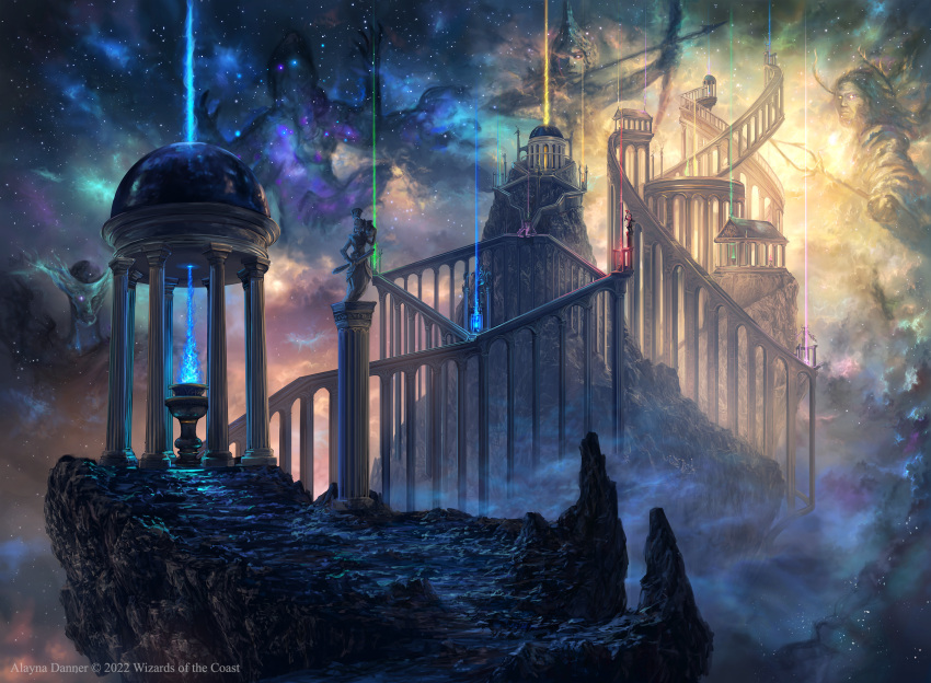 alayna_danner building fantasy highres light_rays magic magic:_the_gathering mountain no_humans pillar scenery shrine sky star_(sky) starry_sky statue