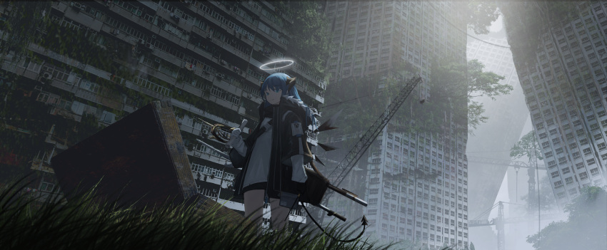 1girl absurdres arknights black_jacket black_shorts black_wings blue_hair building cowboy_shot day demon_horns demon_tail detached_wings energy_wings grass grey_sky halo highres holding holding_map horns icyee jacket map mostima_(arknights) open_clothes open_jacket outdoors overgrown ruins scenery shirt shorts skyscraper solo staff standing tail white_shirt wings