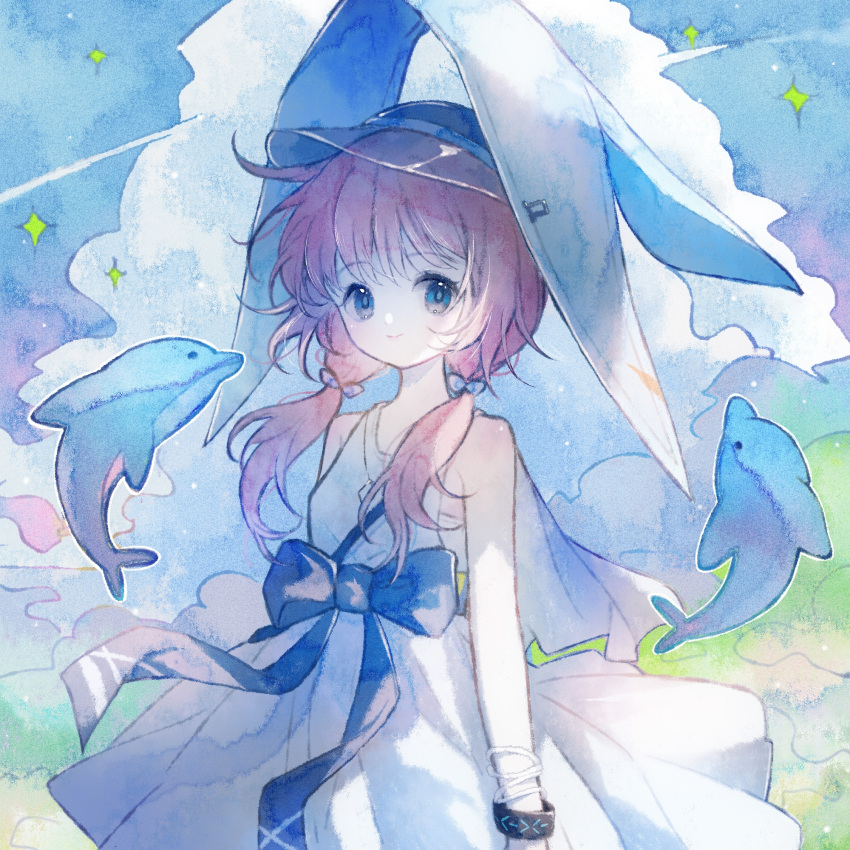 1girl arknights bare_shoulders black_bracelet blue_bow blue_eyes blue_sky bow clouds cloudy_sky dolphin dress headgear highres infection_monitor_(arknights) long_hair looking_at_viewer outdoors pink_hair purestream_(arknights) shanzhamei23687 sky sleeveless sleeveless_dress smile solo star_(symbol) twintails visor_cap white_dress