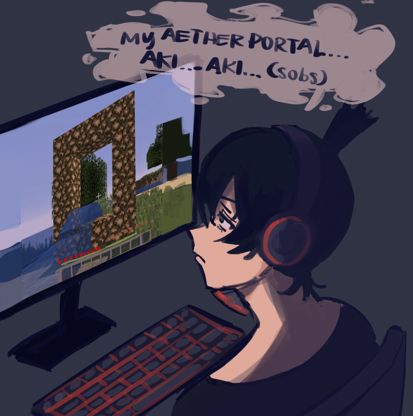 1boy among_us bangs black_hair chainsaw_man computer crewmate_(among_us) hayakawa_aki headphones highres keyboard_(computer) liowig looking_at_screen medium_hair minecraft simple_background sitting solo topknot