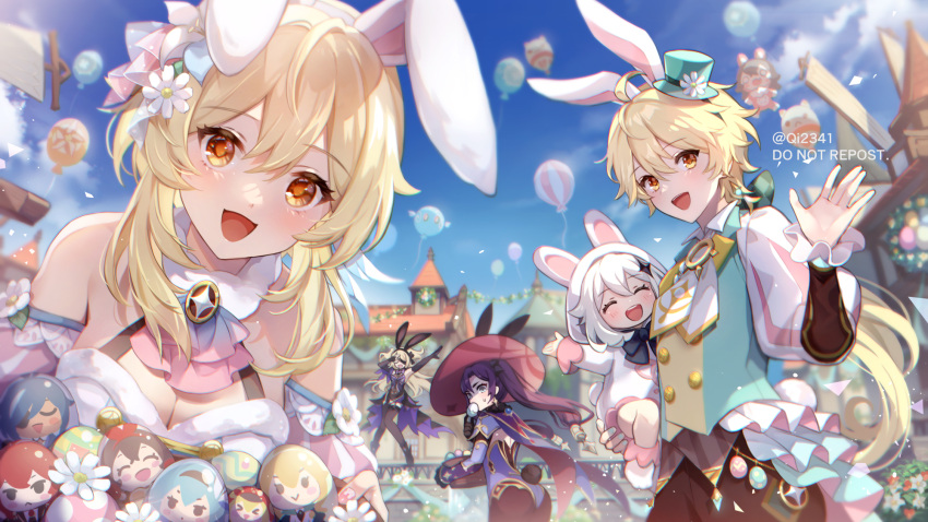 1boy 4girls aether_(genshin_impact) amber_(genshin_impact) animal_ears bangs blonde_hair breasts brown_hair cleavage closed_eyes diluc_(genshin_impact) earrings easter easter_egg egg eula_(genshin_impact) eyepatch eyes_visible_through_hair fischl_(genshin_impact) flower genshin_impact hair_between_eyes hat highres jean_(genshin_impact) jewelry kaeya_(genshin_impact) klee_(genshin_impact) looking_at_viewer lumine_(genshin_impact) mona_(genshin_impact) multicolored_hair multiple_girls necktie open_mouth orange_eyes paimon_(genshin_impact) qi2341 rabbit_ears short_hair smile waving