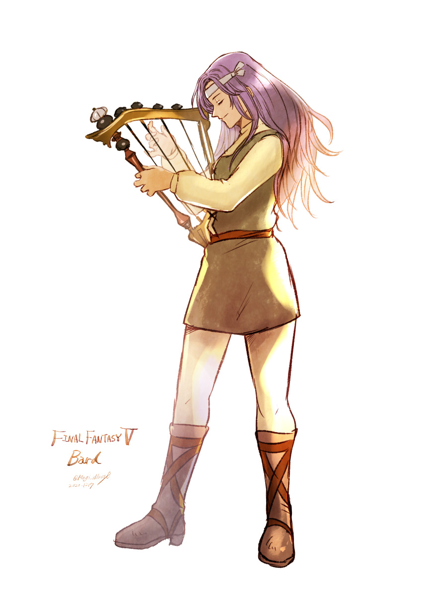 1girl absurdres bard bard_(final_fantasy) boots faris_scherwiz final_fantasy final_fantasy_v harp headband highres holding holding_instrument instrument komugiko_no_mori long_hair music playing_instrument purple_hair square_enix