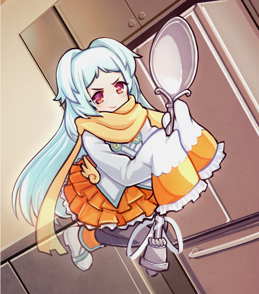 1girl black_pants blue_hair blush closed_mouth comically_large_spoon_(meme) floating highres holding holding_spoon indoors jacy layered_skirt long_hair looking_at_viewer meme miyako_(princess_connect!) orange_skirt pants princess_connect! red_eyes refrigerator scarf shirt shoes skirt sleeves_past_fingers sleeves_past_wrists smile solo spoon v-shaped_eyebrows white_shirt