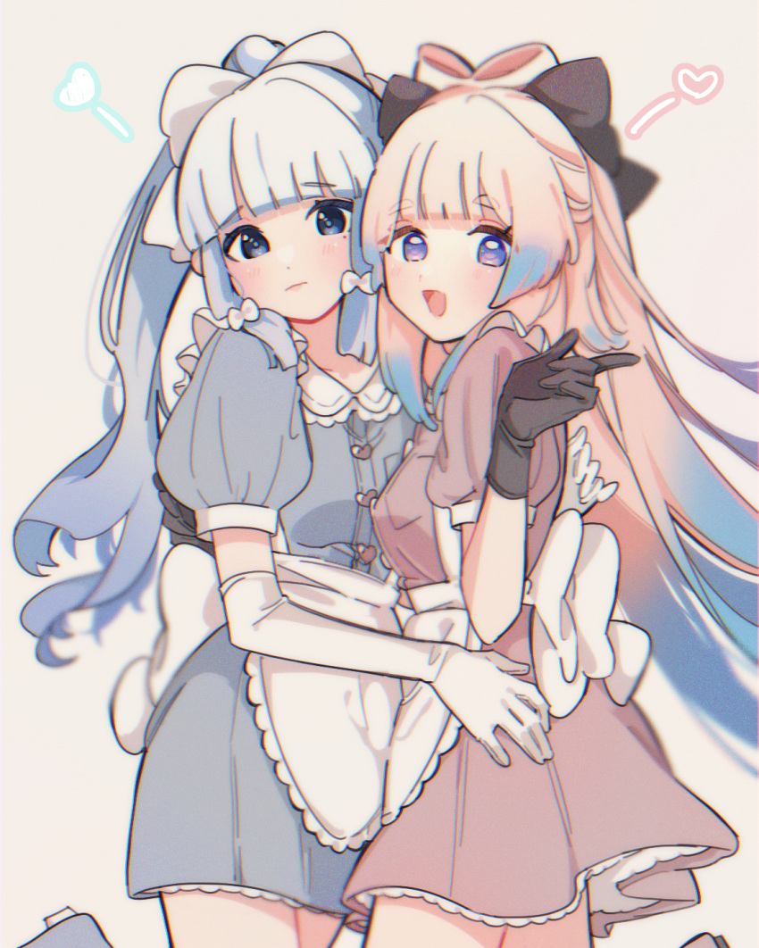 2girls :d alternate_costume apron bangs black_bow black_gloves blue_dress blue_eyes blue_hair blunt_bangs blush bow bow-shaped_hair closed_mouth collared_dress commentary_request dress elbow_gloves enmaided genshin_impact gloves gradient_hair hair_bow hand_on_another's_hip heart highres kamisato_ayaka long_hair looking_at_viewer maid matching_outfit multicolored_hair multiple_girls niboshi_(jnls_hkg) open_mouth pink_dress pink_hair ponytail puffy_short_sleeves puffy_sleeves sangonomiya_kokomi short_sleeves smile tan_background very_long_hair white_apron white_bow white_gloves yuri